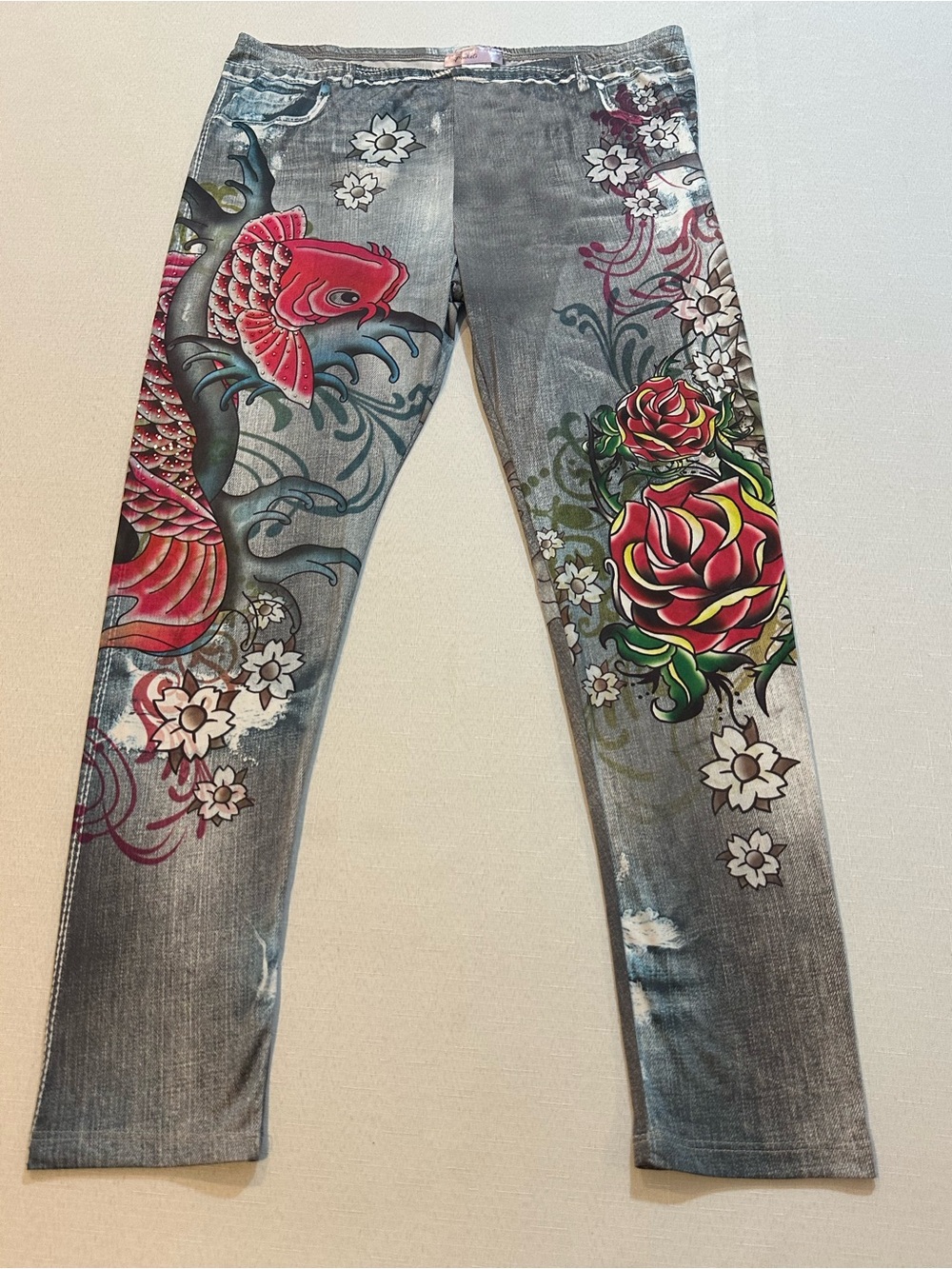 Pinkeli Koi Fish Rose Rhinestone Graphic Pants L Y2K